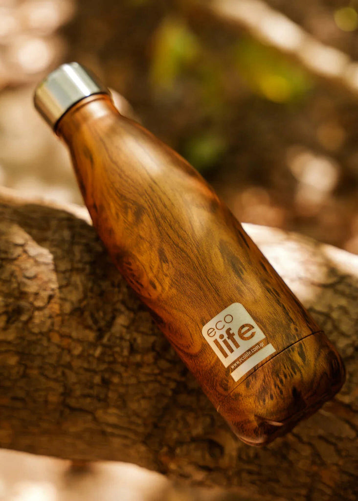 Ecolife Wood Thermos — Brown wood-look bottle with silver cap — MYFASHIONFRUIT