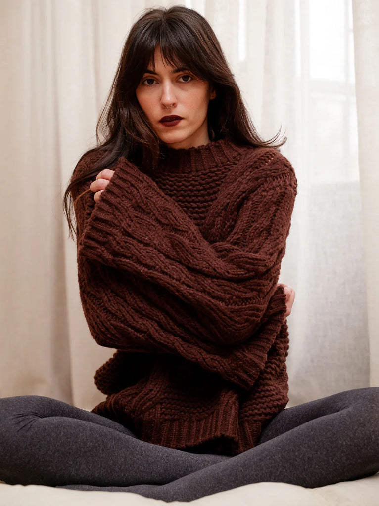 Serenata Sweater — Brown knit on model — MYFASHIONFRUIT