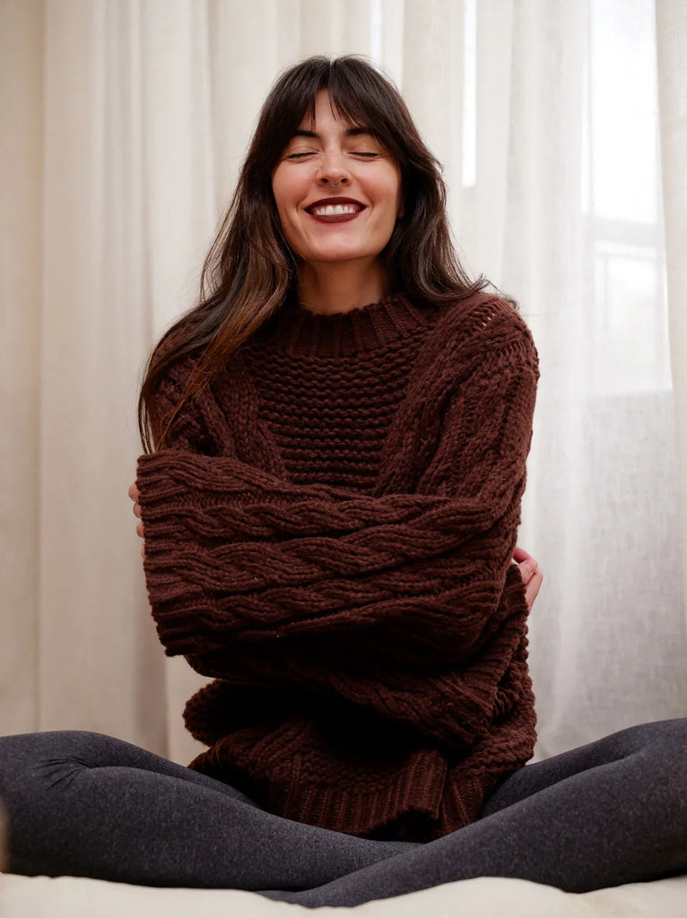 Serenata Sweater — Brown knit on model — MYFASHIONFRUIT