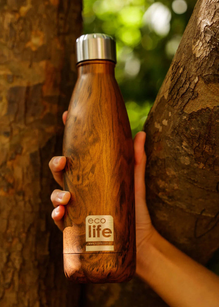 Ecolife Wood Thermos — Wood-look bottle held in hand — MYFASHIONFRUIT