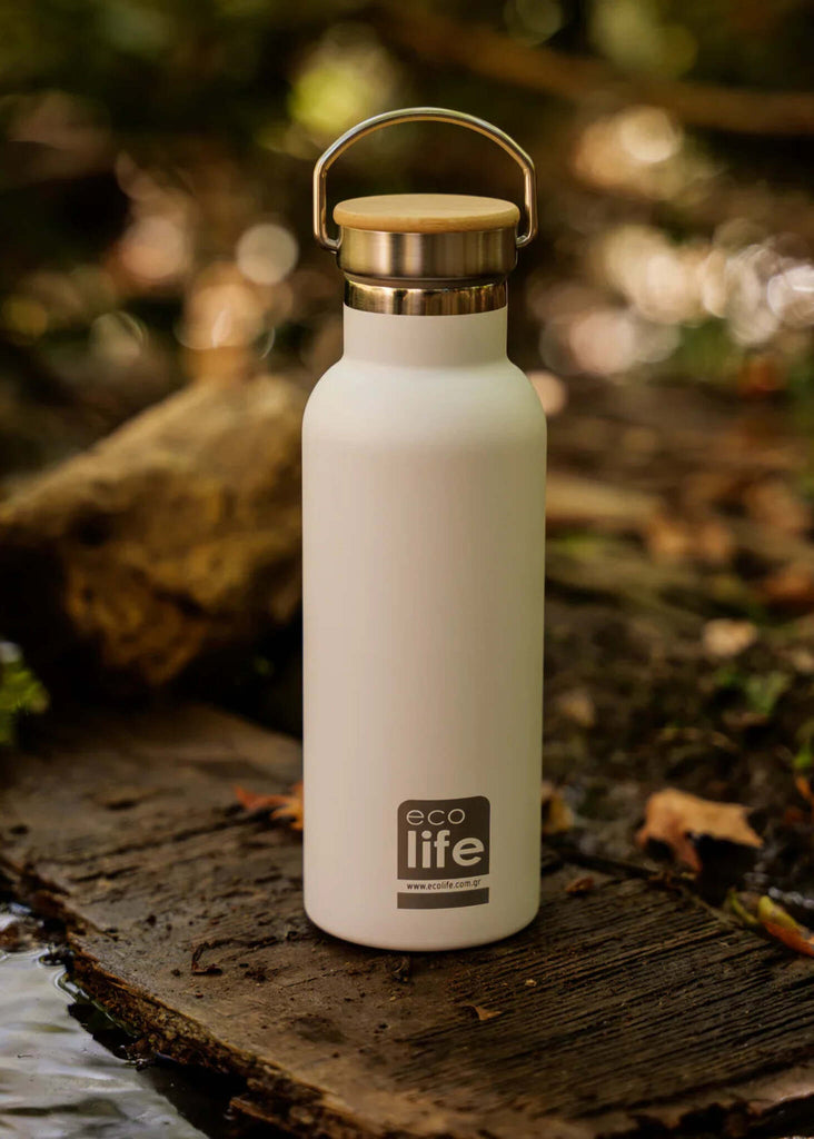 Ecolife Bamboo White Thermos — white, wood, steel details — MYFASHIONFRUIT
