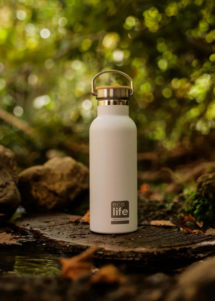 Ecolife Bamboo White Thermos — white thermos on wood — MYFASHIONFRUIT