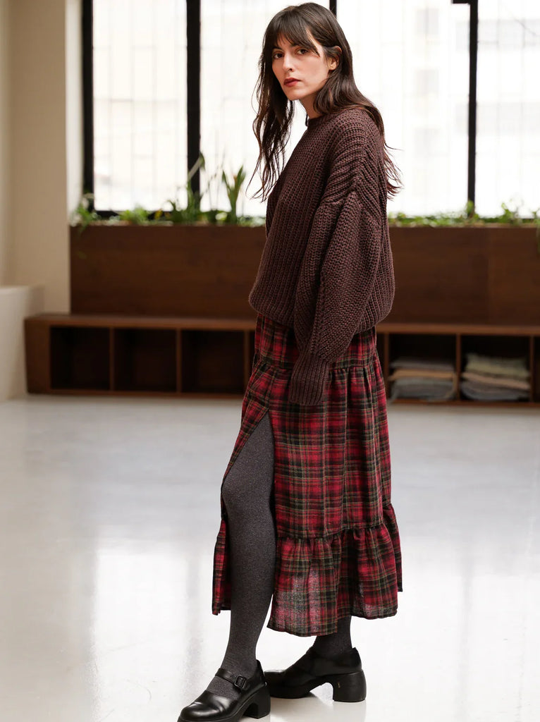 Luella Skirt — Red plaid skirt with slit on model — MYFASHIONFRUIT