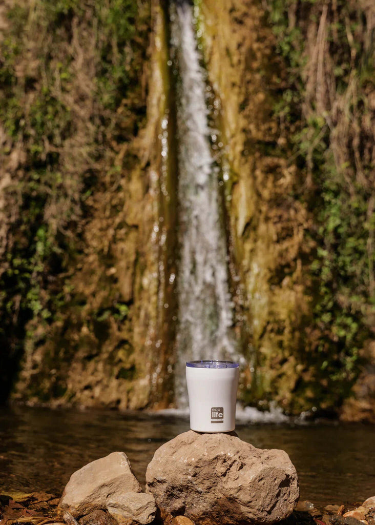 Ecolife White Coffee Thermos — white thermos on rock detail — MYFASHIONFRUIT
