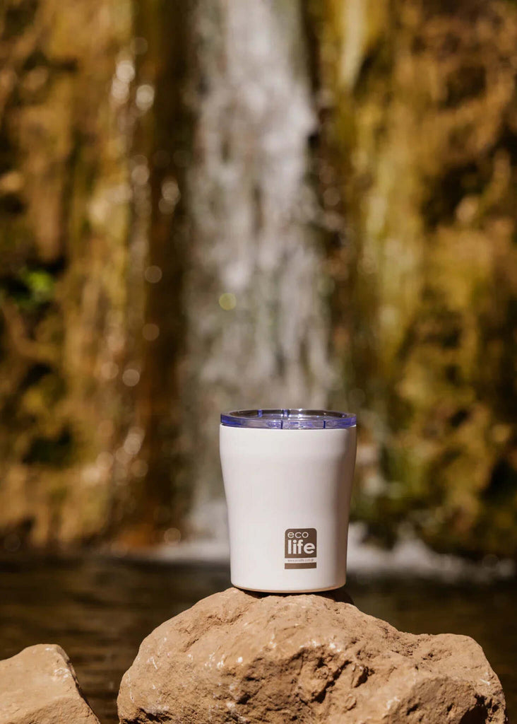 Ecolife White Coffee Thermos — White stainless steel thermos on rocks — MYFASHIONFRUIT