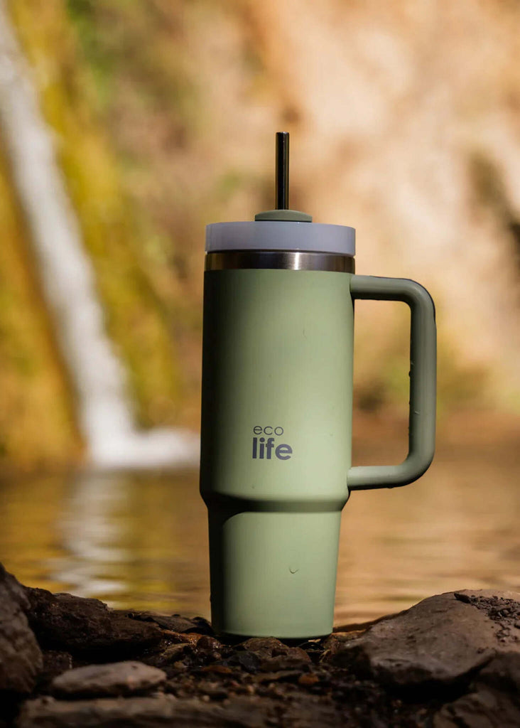 Ecolife Bay Leaf Thermos — Green thermos with handle, detail — MYFASHIONFRUIT