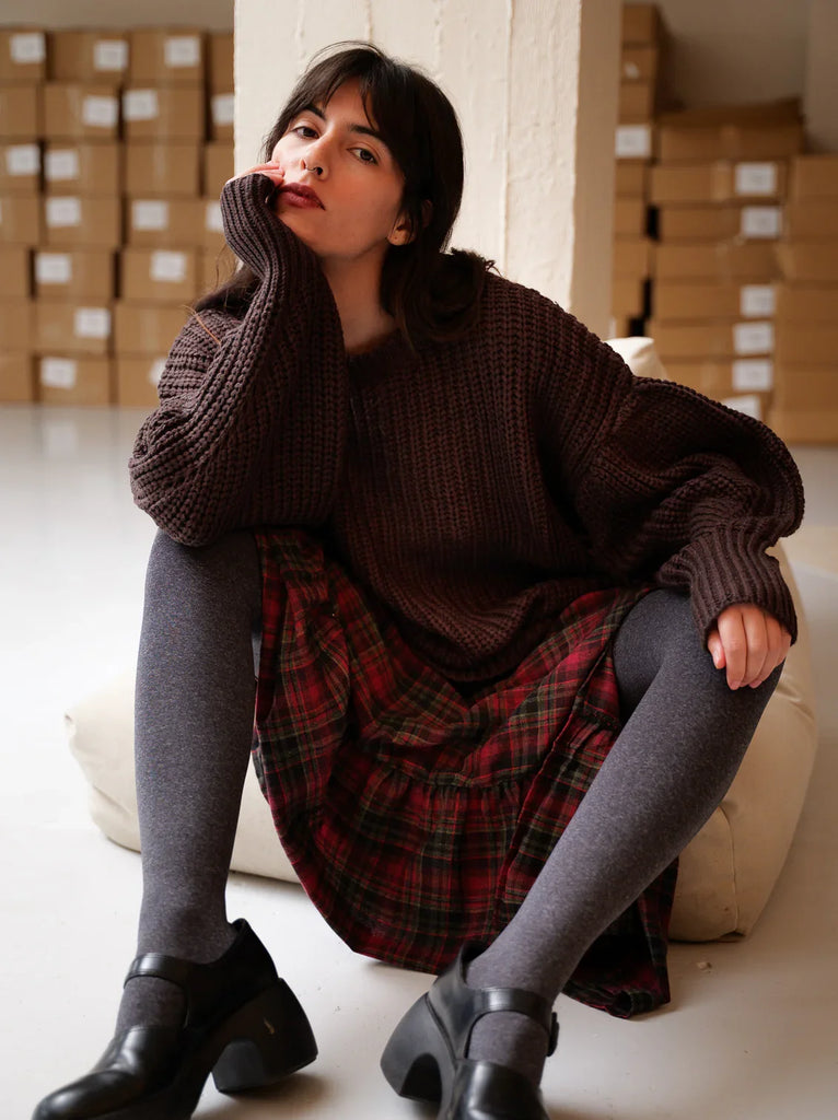 Margaux Sweater — Brown knit on model with tartan skirt — MYFASHIONFRUIT