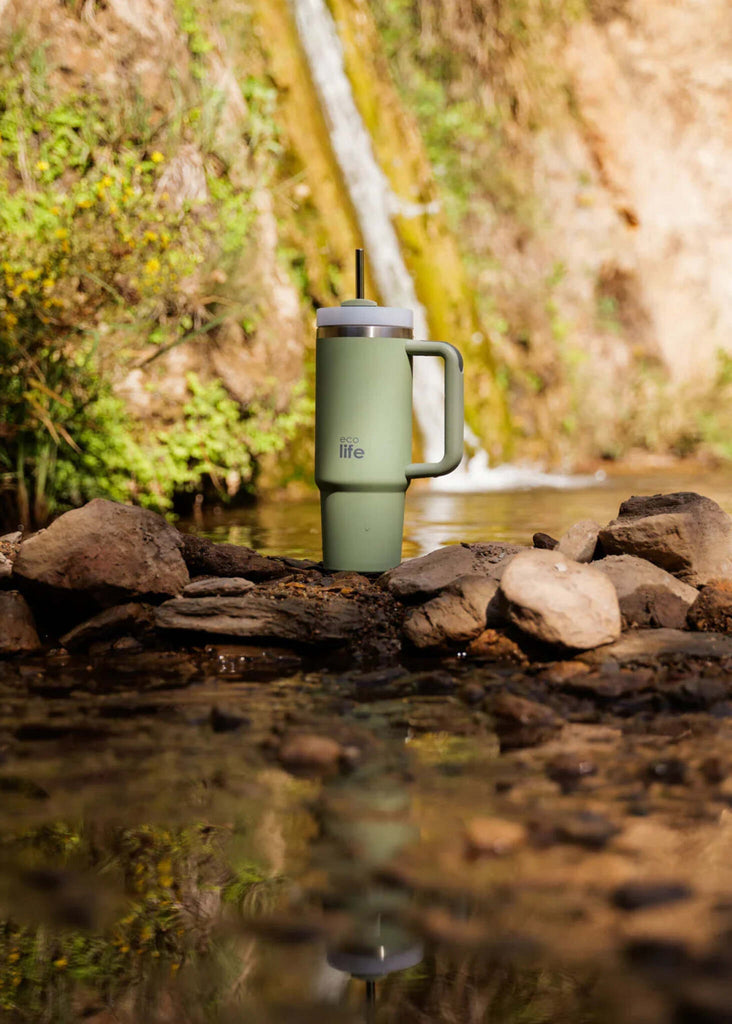 Ecolife Bay Leaf Thermos — Green thermos with straw near waterfall — MYFASHIONFRUIT