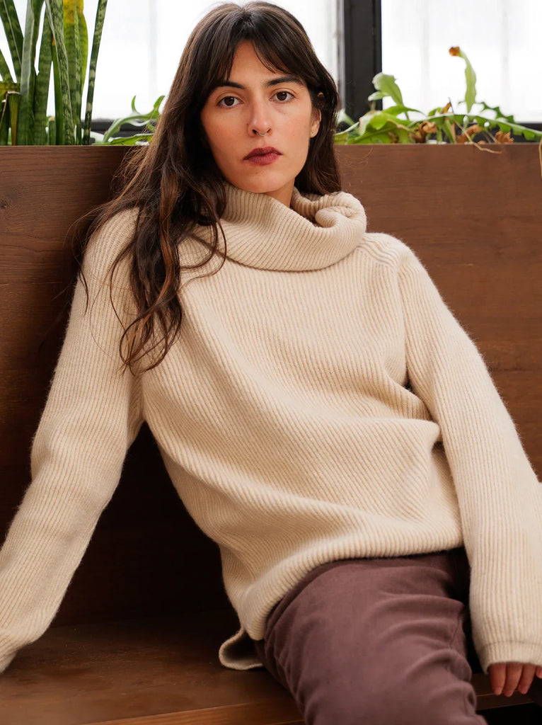 Sundae Sweater — Beige knit turtleneck on model — MYFASHIONFRUIT