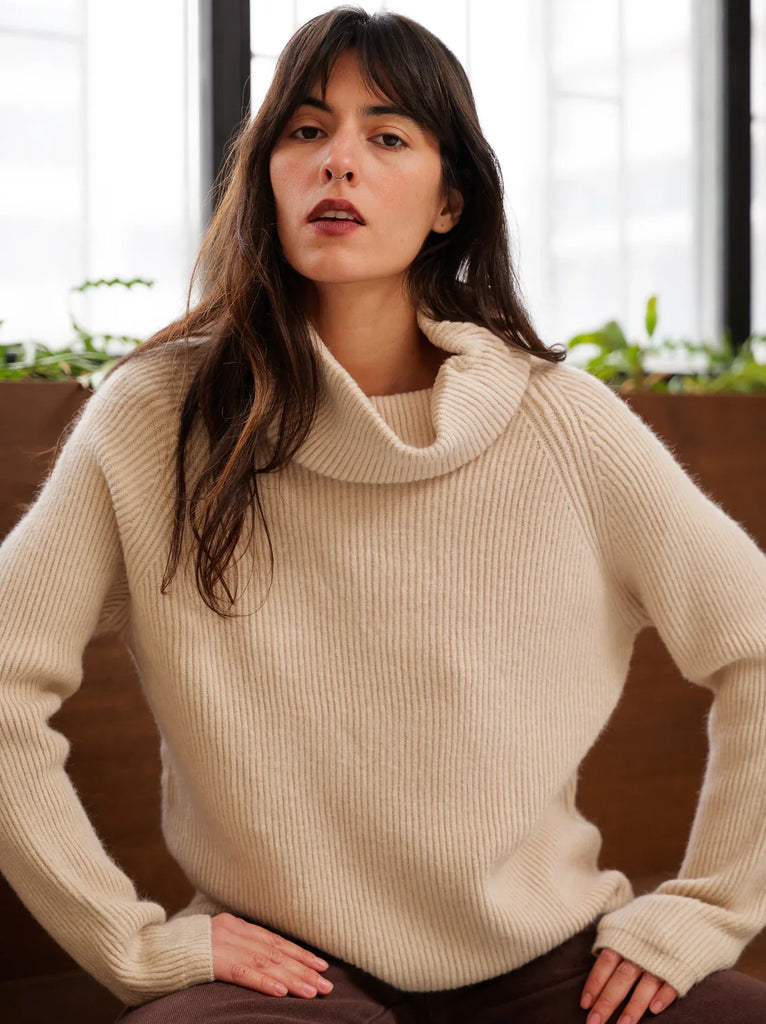 Sundae Sweater — Beige knit cowl neck sweater on model — MYFASHIONFRUIT