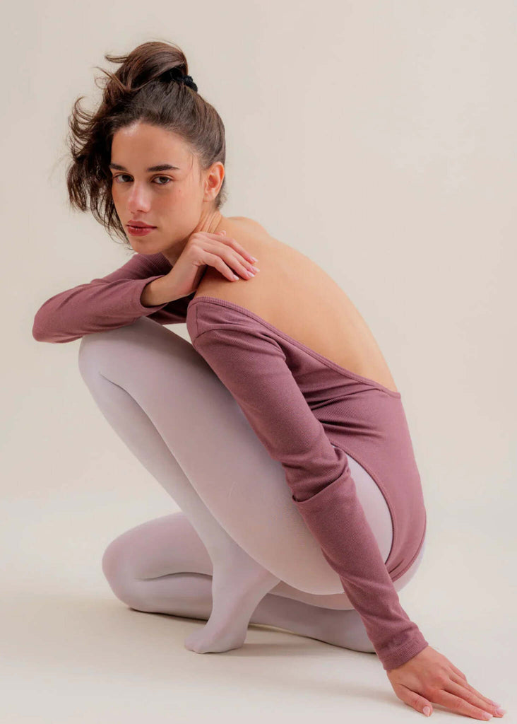 Ballerina Rib Body — mauve bodysuit on model, open back — MYFASHIONFRUIT