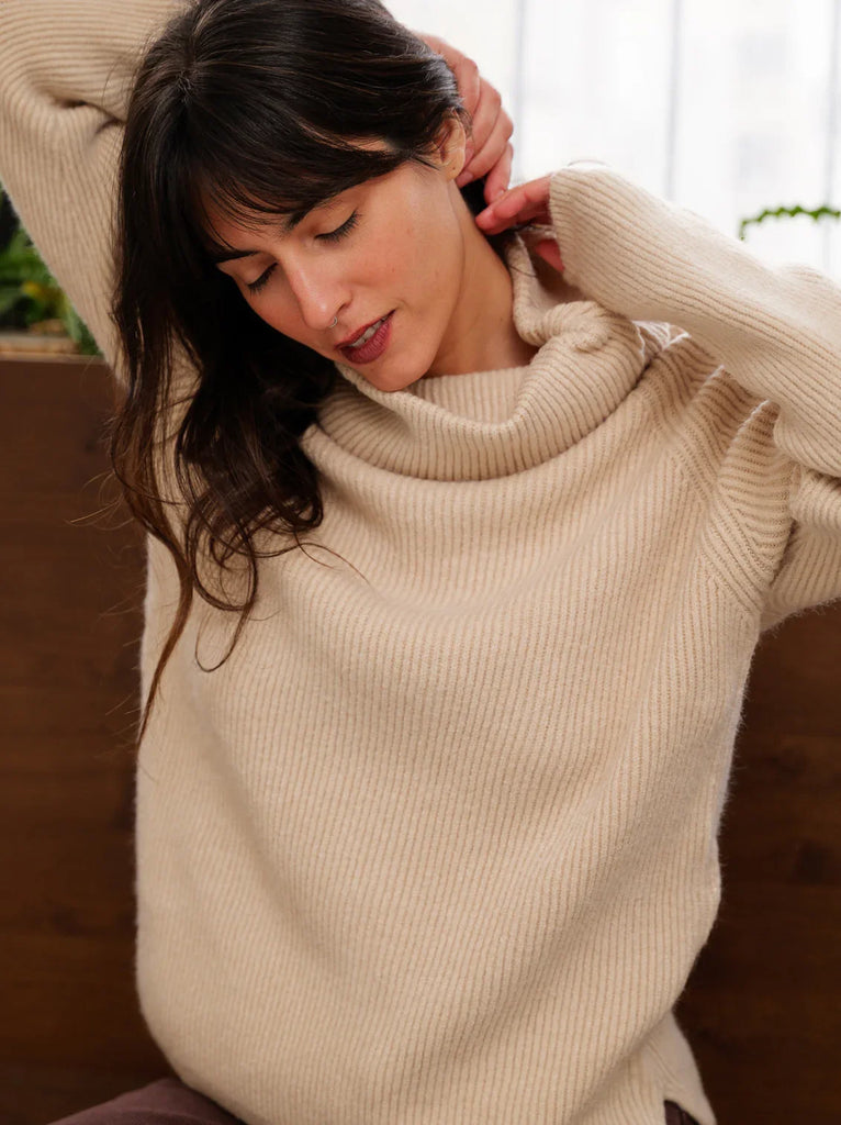 Sundae Sweater — Beige knit sweater on model — MYFASHIONFRUIT