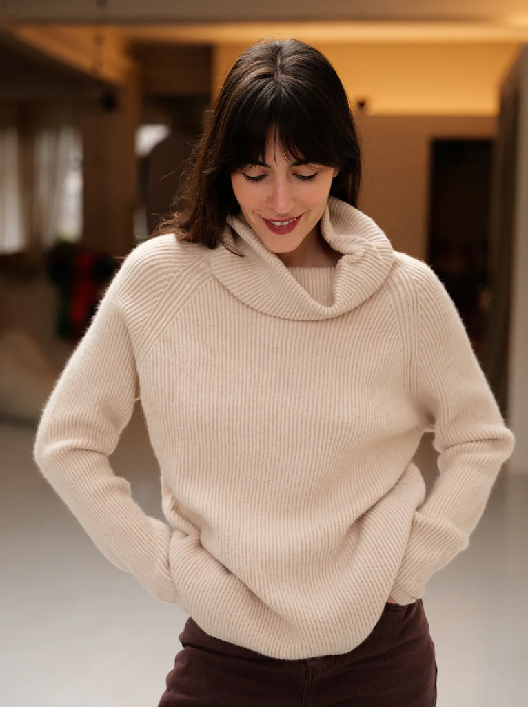 Sundae Sweater — Cream ribbed knit sweater on model — MYFASHIONFRUIT