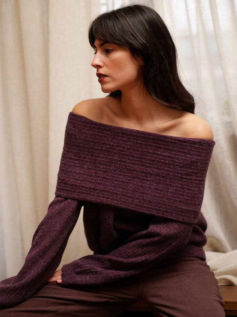 Wanda Sweater — Off-shoulder knit top in plum, on model — MYFASHIONFRUIT