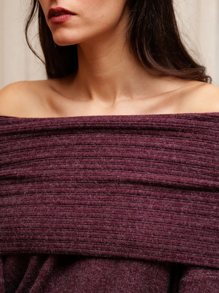 Wanda Sweater — Burgundy knit off-shoulder top on model — MYFASHIONFRUIT