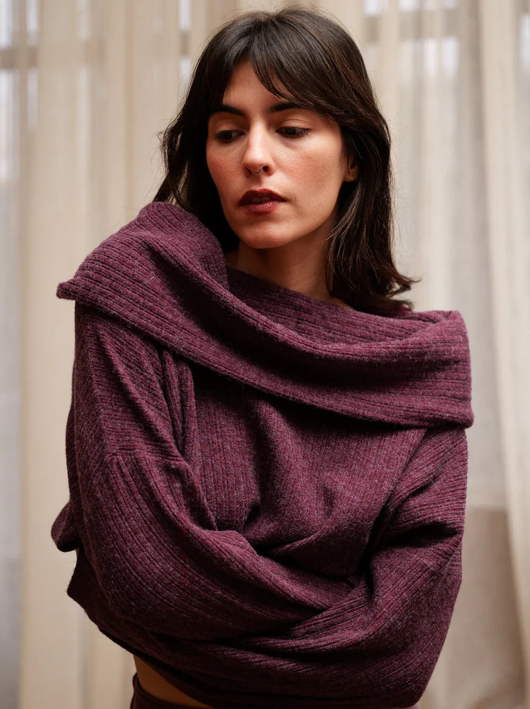 Wanda Sweater — Knit, off-shoulder top in plum, on model — MYFASHIONFRUIT