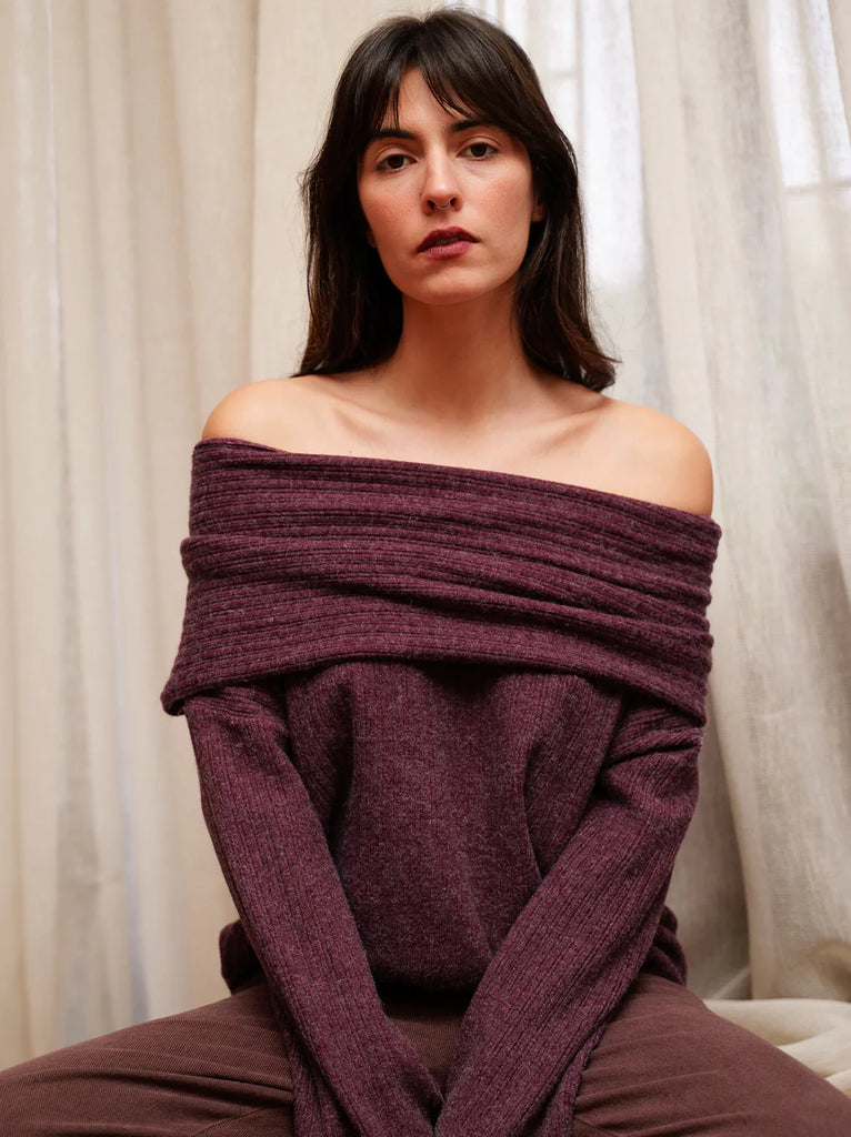 Wanda Sweater — Ribbed knit off-shoulder top in aubergine, on model — MYFASHIONFRUIT