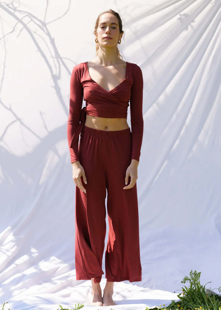 Tender Pants — Cropped, wide, maroon pants on model — MYFASHIONFRUIT