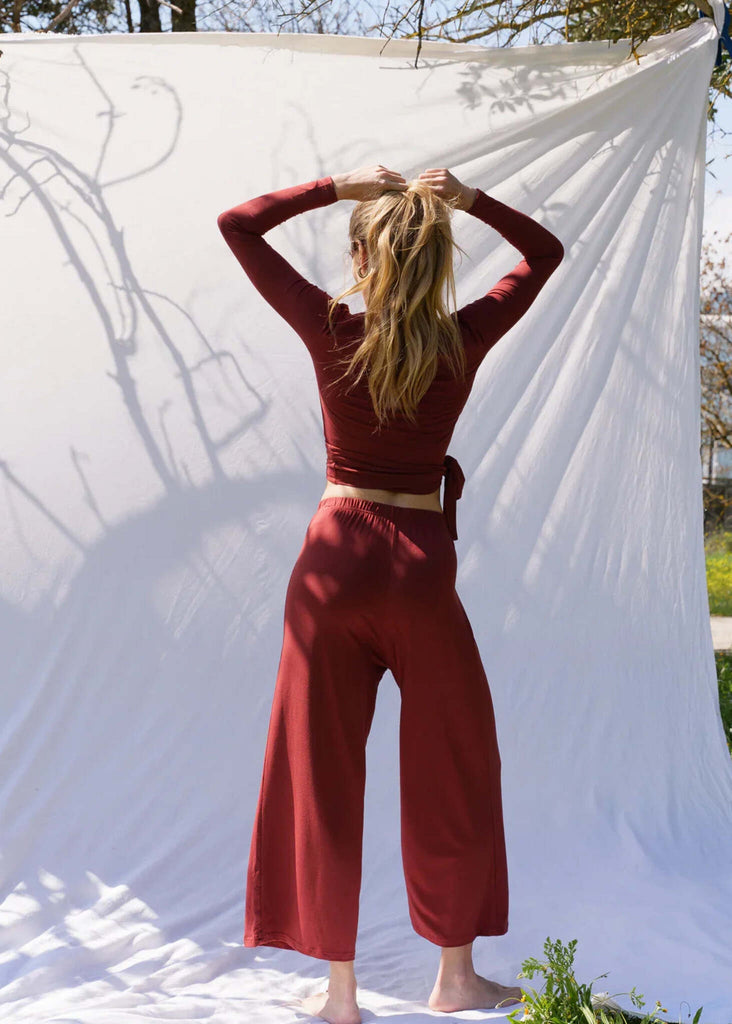 Tender Pants — Wide leg pants in brick red on model — MYFASHIONFRUIT
