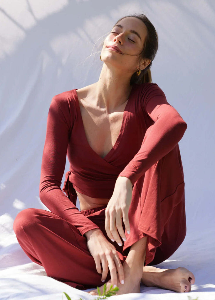 Lullaby Cardi — Red wrap top and pants on model — MYFASHIONFRUIT