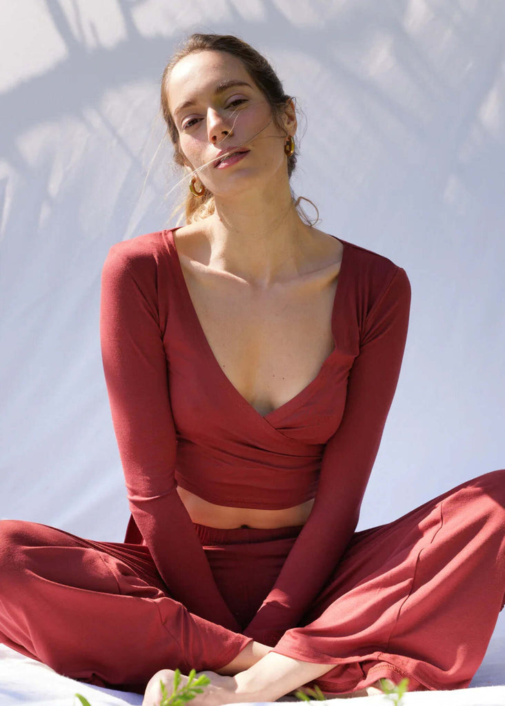Lullaby Cardi — Red wrap top on model — MYFASHIONFRUIT