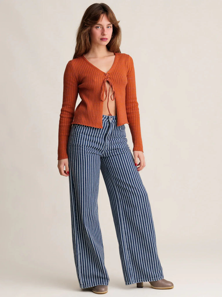 Roxy Jeans — Blue striped wide leg on model — MYFASHIONFRUIT