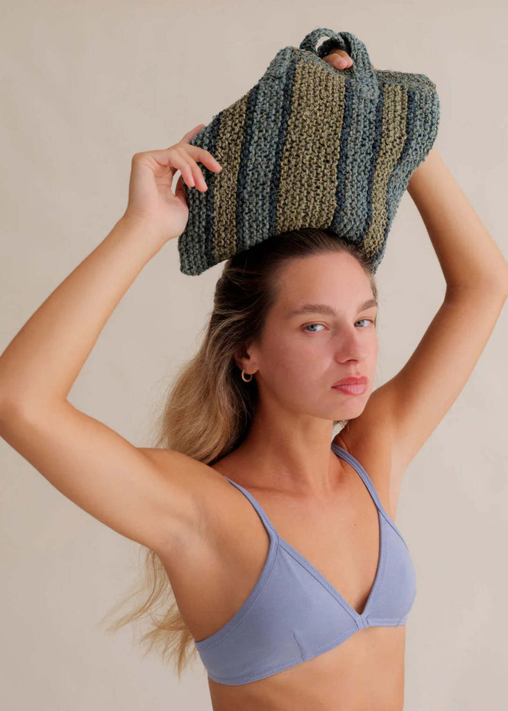 Crochet Striped Bag — green striped bag on model — MYFASHIONFRUIT