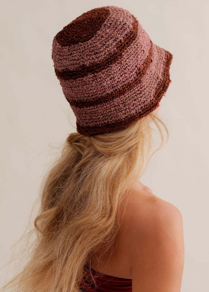 Crochet Hat - Rosa — Crochet striped hat in brown and pink on model — MYFASHIONFRUIT