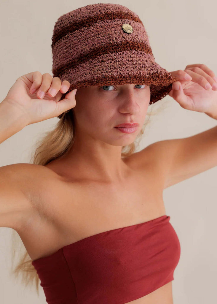 Crochet Hat - Rosa — Striped brown raffia hat on model — MYFASHIONFRUIT