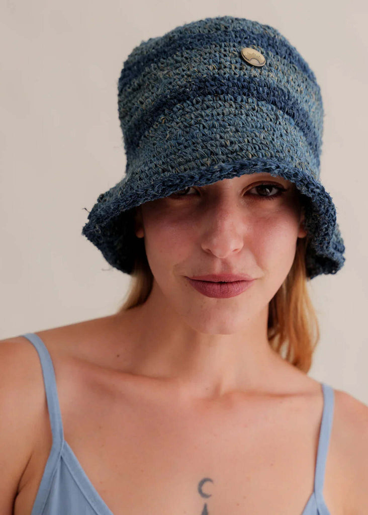 Crochet Hat - Azul — Blue crochet bucket hat on model — MYFASHIONFRUIT