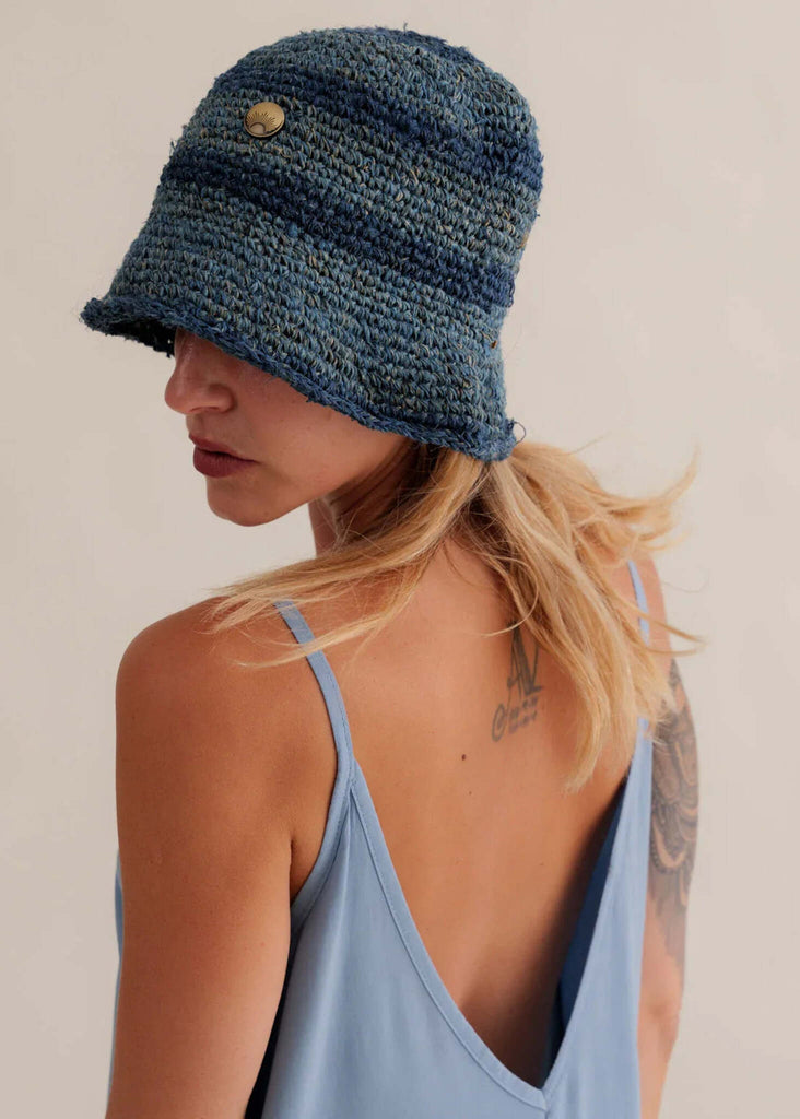 Crochet Hat - Azul — on model, blue crochet with button — MYFASHIONFRUIT