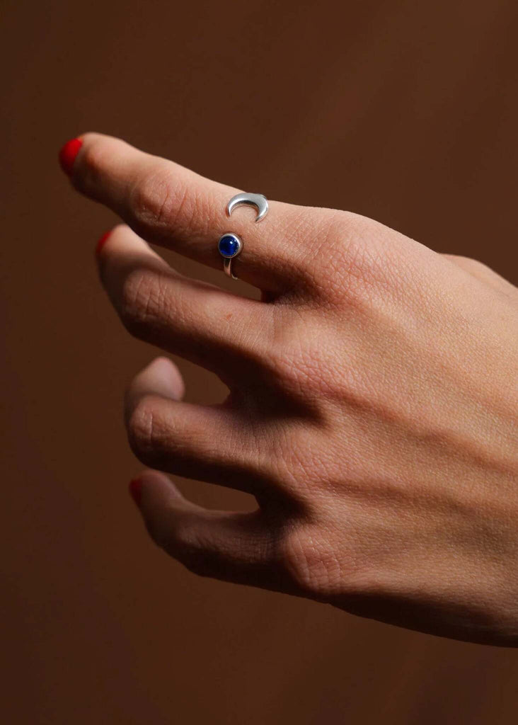 Earth's Moon Ring — Silver ring with blue stone on model — MYFASHIONFRUIT