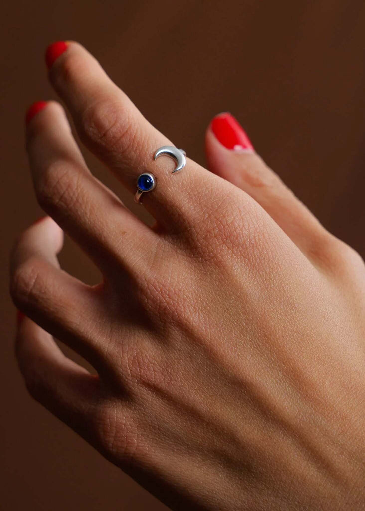 Earth's Moon Ring — Silver ring with blue stone on model — MYFASHIONFRUIT