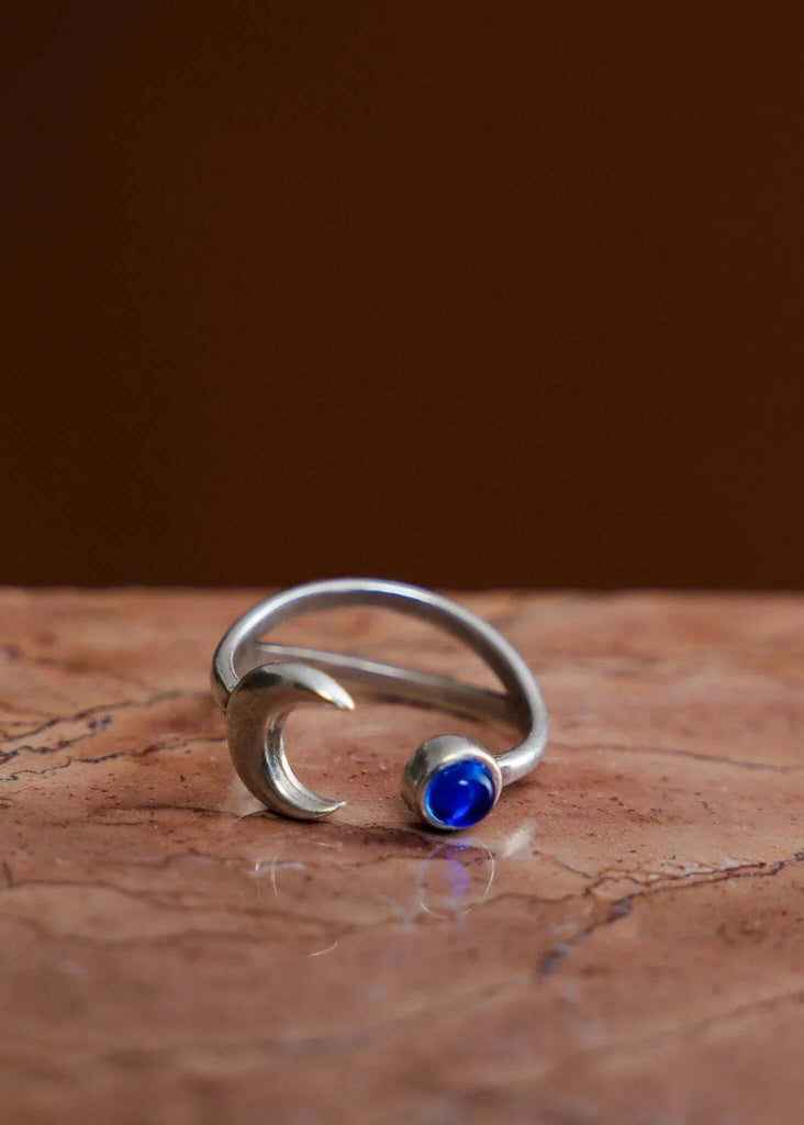 Earth's Moon Ring — Silver ring with moon & blue stone detail — MYFASHIONFRUIT