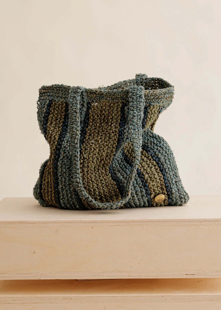 Crochet Striped Bag - Pistachio & Indigo — Knit tote bag — MYFASHIONFRUIT