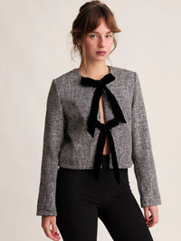 Nova Tweed Jacket — Tweed with velvet bow on model — MYFASHIONFRUIT