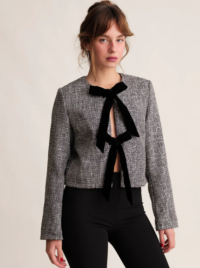 Nova Tweed Jacket — Tweed with velvet bow on model — MYFASHIONFRUIT