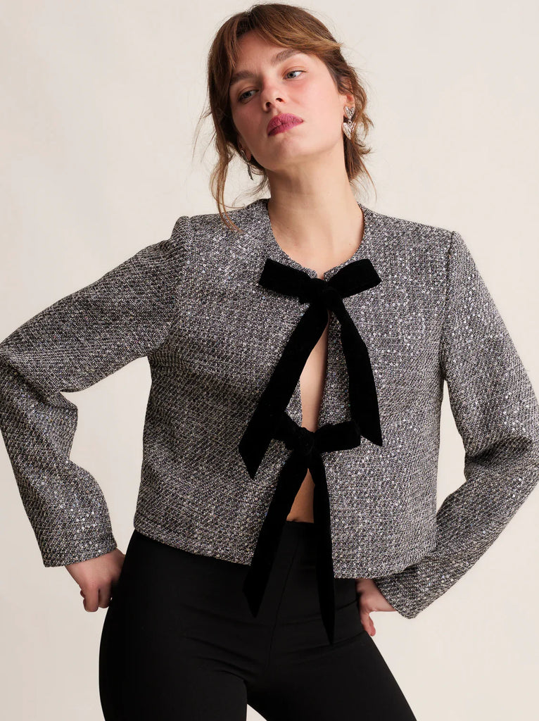 Nova Tweed Jacket — gray tweed with velvet bows on model — MYFASHIONFRUIT
