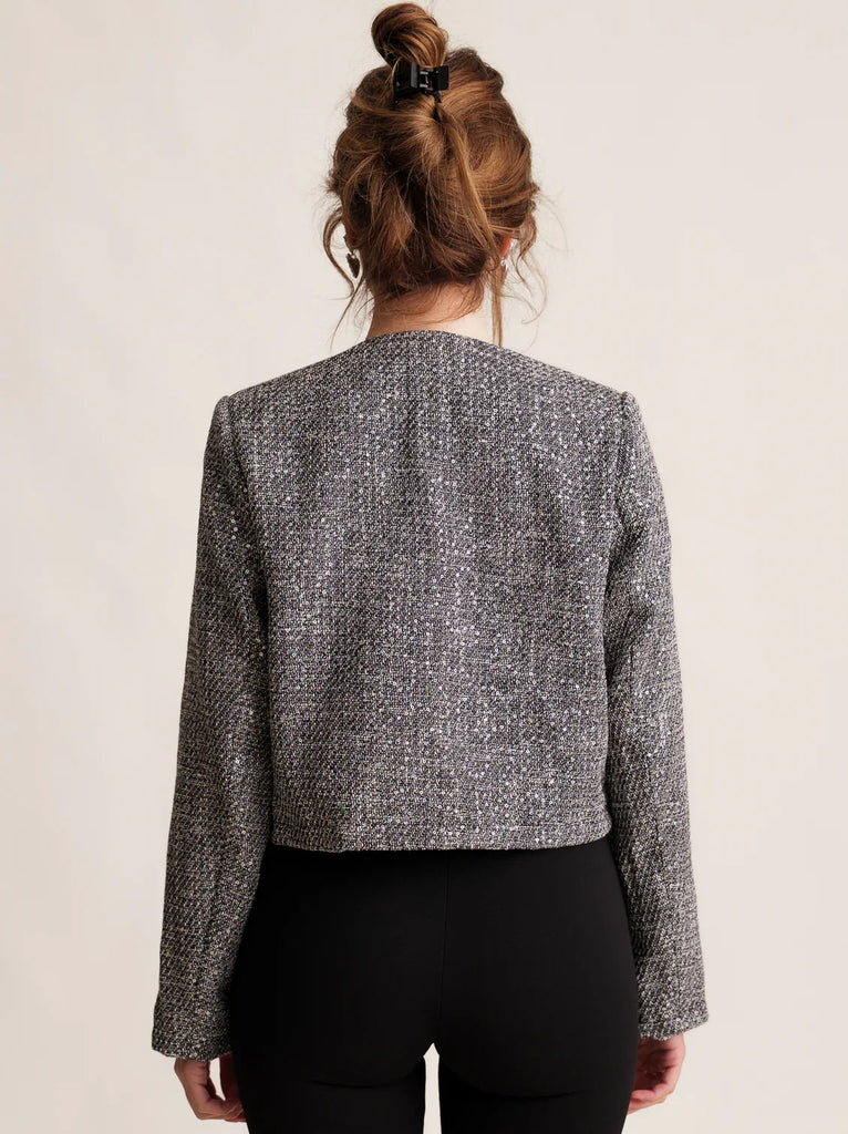 Nova Tweed Jacket — Grey tweed on model, back view — MYFASHIONFRUIT