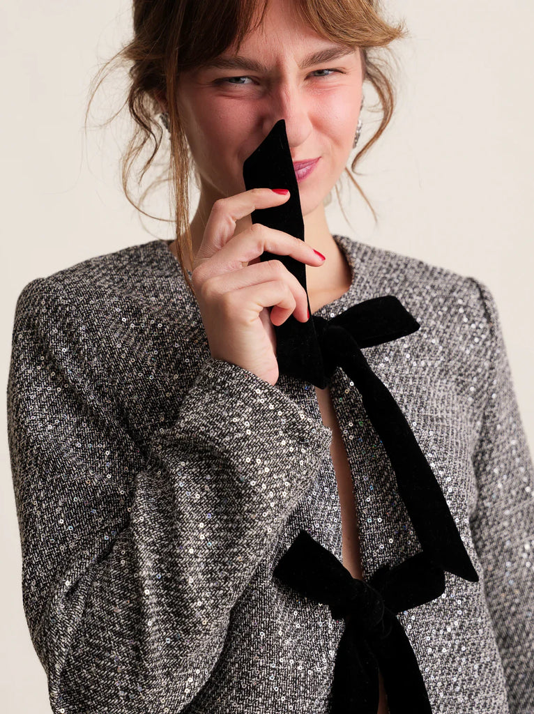 Nova Tweed Jacket — tweed jacket with black bows on model — MYFASHIONFRUIT