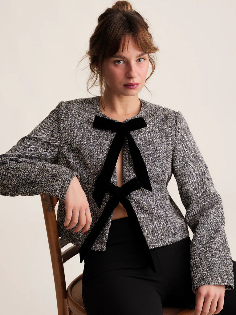 Nova Tweed Jacket — tweed with velvet bows on model — MYFASHIONFRUIT