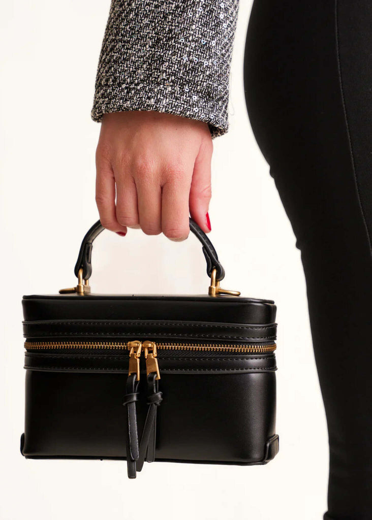 Bijou Bag — Black box bag with gold zip detail on model — MYFASHIONFRUIT
