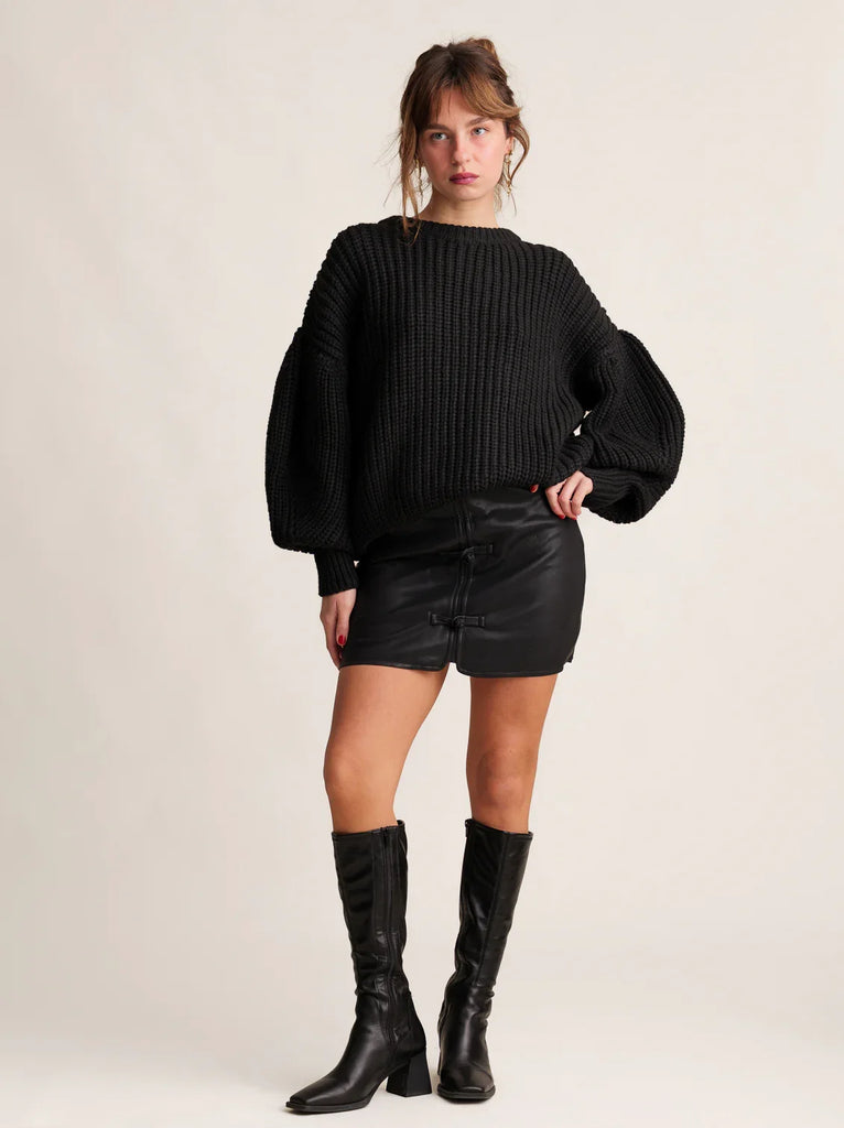 Cruella Skirt — Black faux leather, on model — MYFASHIONFRUIT