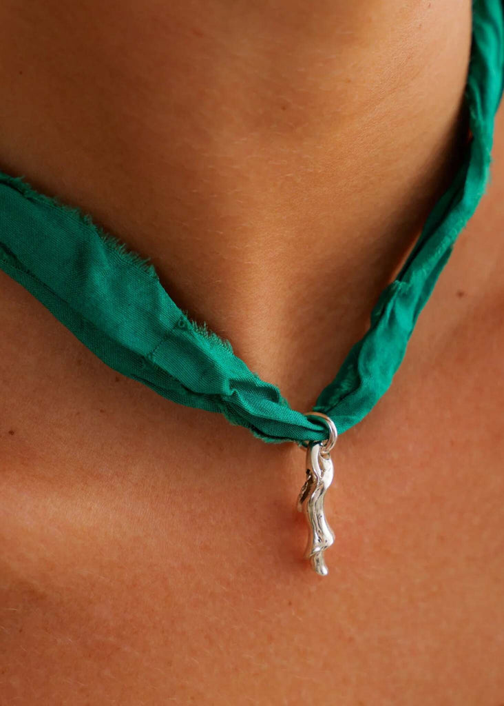Thalassa Pendant — Detail of green ribbon & silver pendant on model — MYFASHIONFRUIT