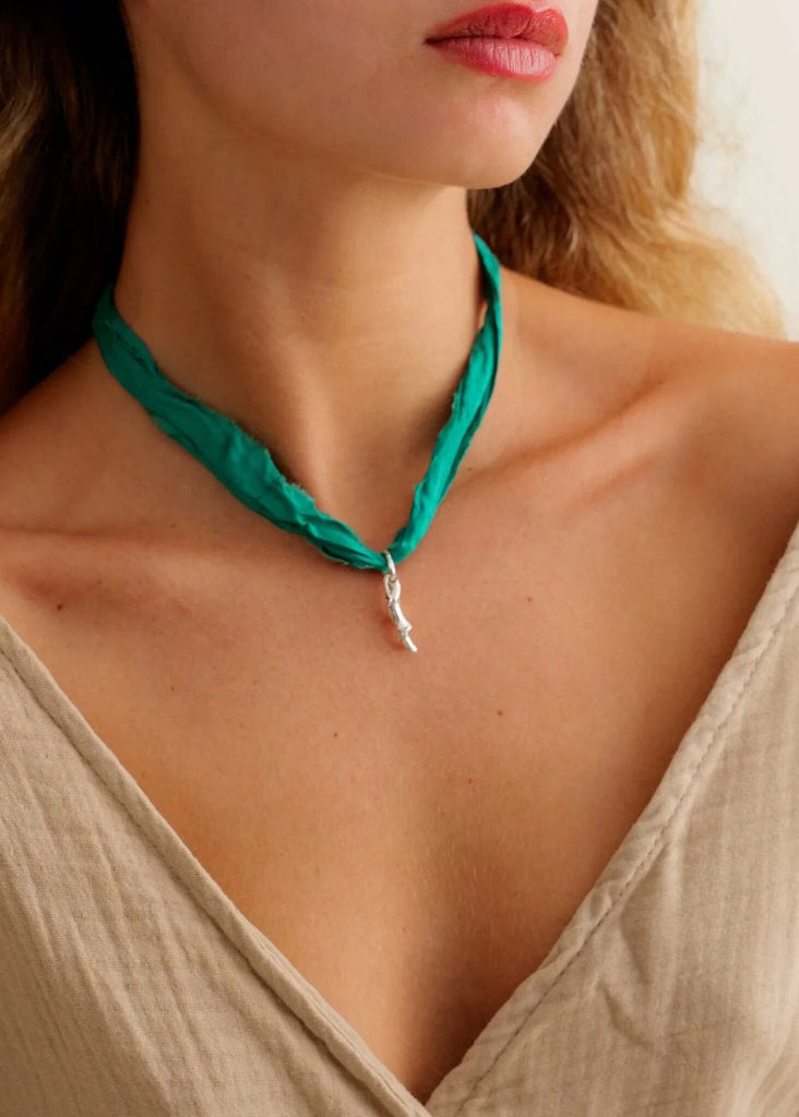 Thalassa Pendant — Green ribbon & silver pendant on model — MYFASHIONFRUIT