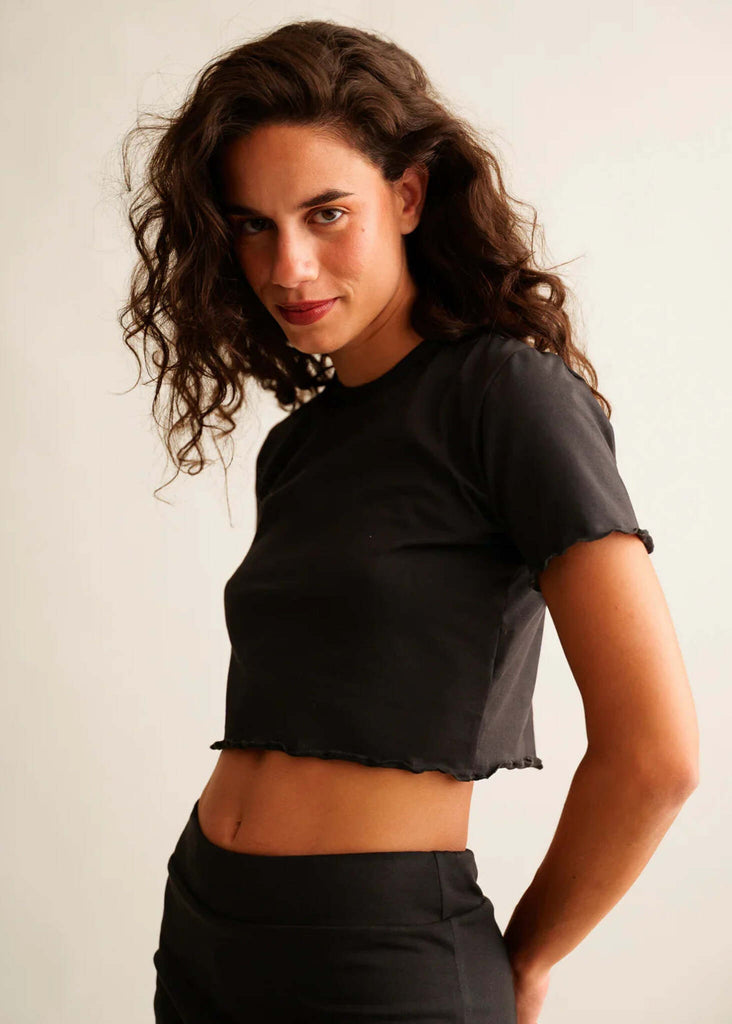 Rachel Baby Tee — Black lettuce edge top on model — MYFASHIONFRUIT