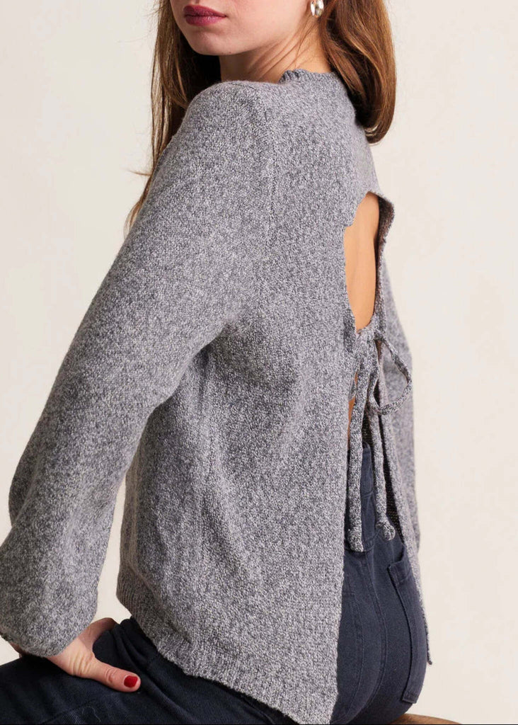 Irena Jumper — gray knit sweater with tie back detail on model — MYFASHIONFRUIT