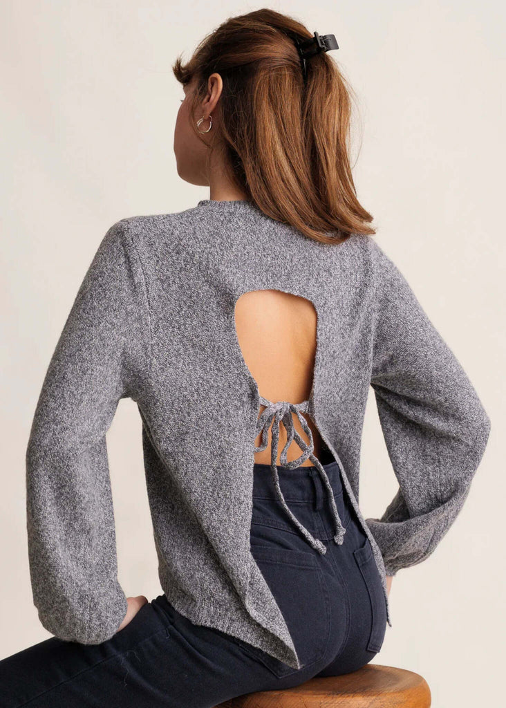 Irena Jumper — Grey knit with open back on model — MYFASHIONFRUIT