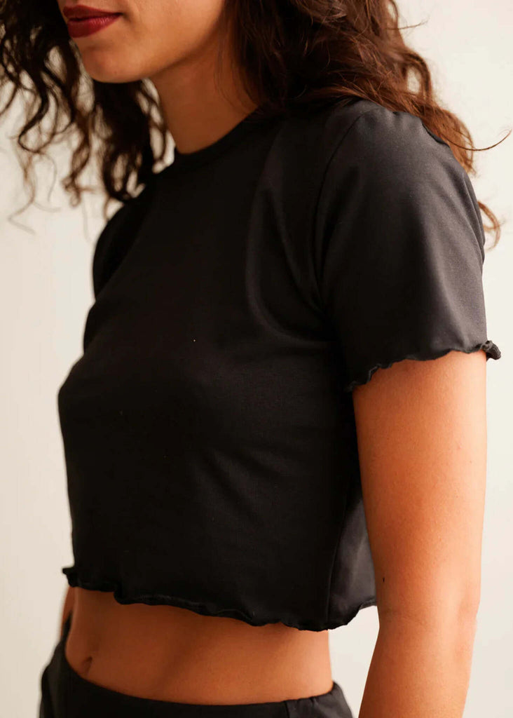 Rachel Baby Tee — black crop top on model, lettuce hem detail — MYFASHIONFRUIT