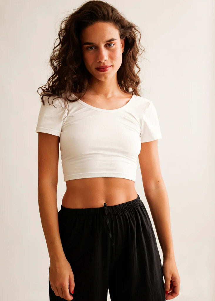 Ballerina Crop Top — White top, black pants on model — MYFASHIONFRUIT